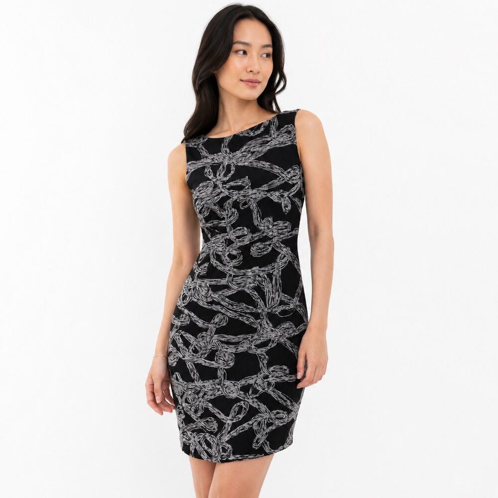 Vintage Cache Size 8 Three D Embroidered Texture Sheath Dress Black White Career